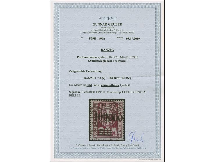 1923, 100000 auf 20 Mark, glänzender Aufdruck, farbfrisch und gut gezähnt, sauber und klar, zeitgerecht gestempelt “DANZIG 20