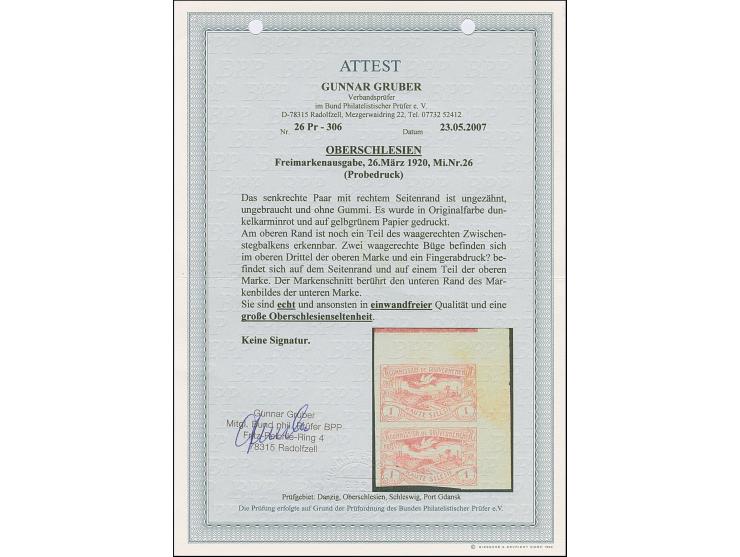 1920, Hüttenwerke 1 Mark dunkelkarminrot, ungezähnter Probedruck auf gelbgrünem, ungummierten Papier, senkrechtes Paar aus de