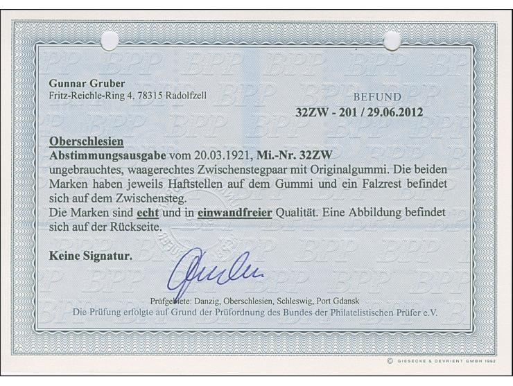 1921, Plebiscite 20 Pfennig kobaltblau, waagerechtes Zwischenstegpaar mit Unterrand, sauber ungebraucht, tadellos, sehr selte