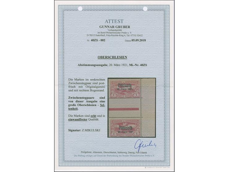 1921, Plebiscite 1 Mark, senkrechtes Zwischenstegpaar mit rechtem Seitenrand, postfrisch, oben in der Zähnung gefaltet, tadel