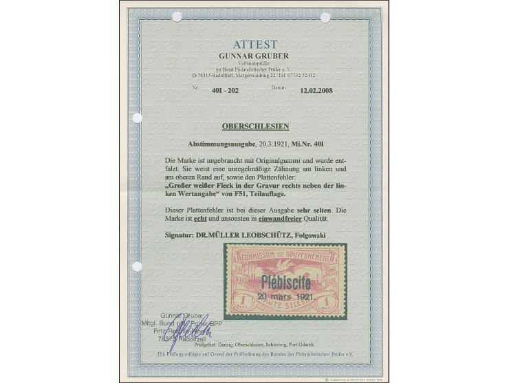 1921, Plebiscite 1 Mark, mit Plattenfehler “großer weißer Fleck in der Gravur rechts neben der linken Wertangabe”, postfrisch