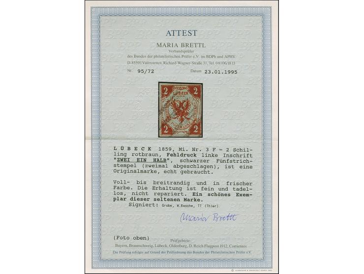 1859, 2 Sch. rötlichbraun, der Fehldruck mit Inschrift “ZWEI EIN HALB”, farbfrisch und allseits voll- bis breitrandig geschni