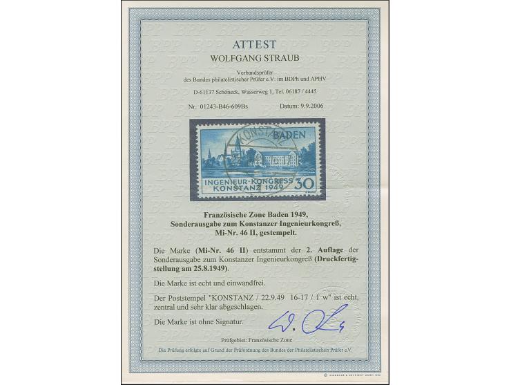 1949, Konstanz II. 30 Pfg. mit zentrischem und klaren Stempel “KONSTANZ 22.9.49”, in tadelloser Erhaltung. Ein sehr schönes E