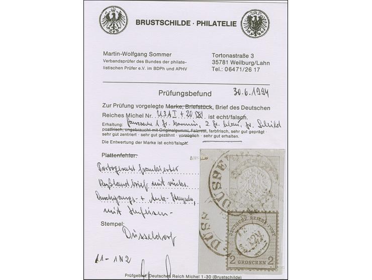 1872, großer Schild 2 Gr. ultramarin, farbfrisch und gut gezähnt, sauber mit Hufeisentempel “DÜSSELDORF () 72" auf Ganzsachen