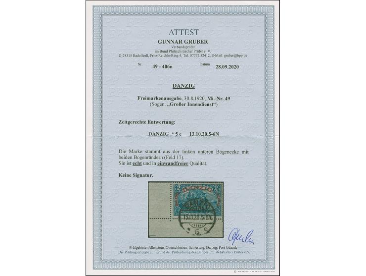 großer Innendienst 2 M. aus der linken unteren Bogenecke (Feld 17) mit klarem Stempel “DANZIG *5r 13.10.20”, in tadelloser Er