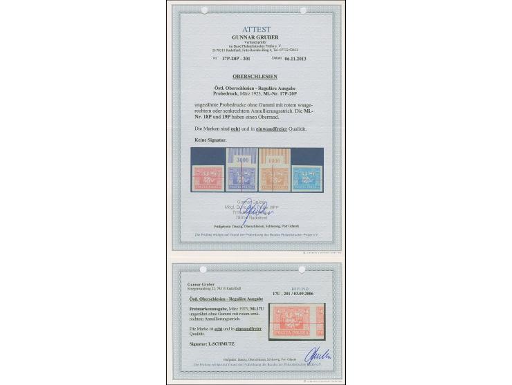 1923, Bergmann 80-300 Mark, je als ungezähnter Probedruck auf ungummiertem Papier mit rotem Annulierungstrich, 100-200 Mark m