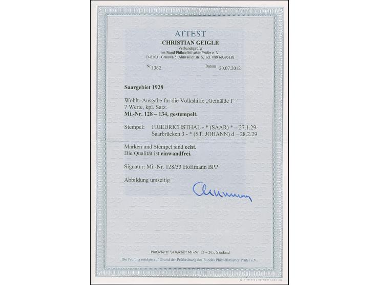 1928, Volkshilfe 40 C.-10 Fr. kpl. gestempelt, in tadelloser Erhaltung, sign. Hofmann BPP und Fotoattest Geigle BPP (2012)