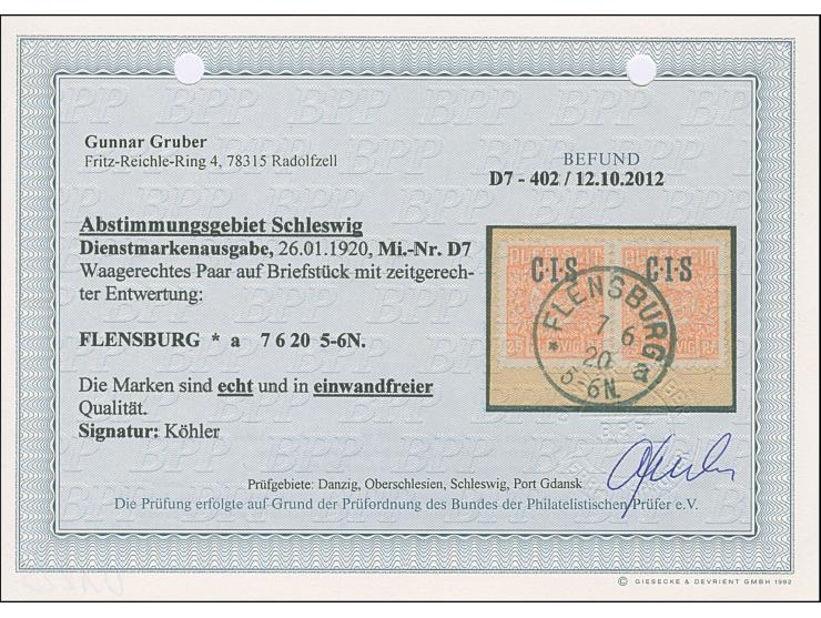 1920, CIS 25 Pfennig, waagerechte Paar, farbfrisch und gut gezähnt, sauber mit EKr. “FLENSBURG 7 6 20” auf Briefstück, tadell