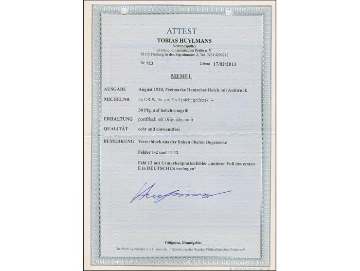 1920, Germania 30 Pfennig auf hellchromgelb, Viererblock aus der linken oberen Bogenecke, die rechte untere Marke mit Urmarke