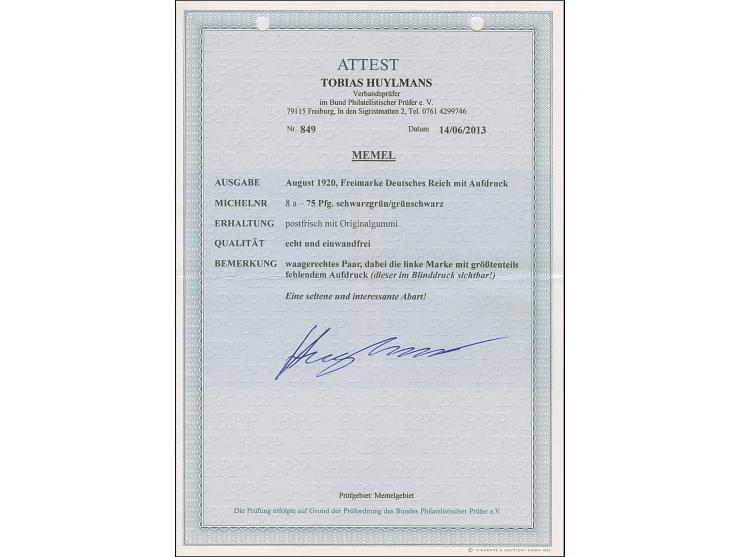 1920, Germania 75 Pfennig auf schwarzgrün/grünschwarz, waagerechtes Paar, dabei die linke Marke mit größtenteils fehlendem Au