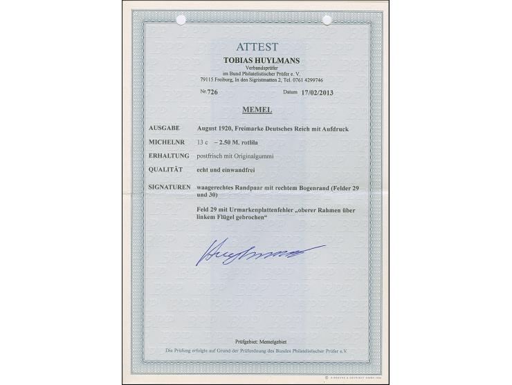 1920, Germania 2,50 Mark rotlila, waagerechtes Seitenrandpaar, die linke Marke mit Urmarkenplattenfehler “oberer Rahmen über 