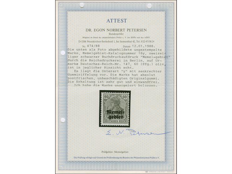 1920, Germania 60 Pfennig oliv, senkrechte Gummiriffelung, postfrisch, tadellos, unsigniert mit Fotoattest Dr. Petersen BPP (