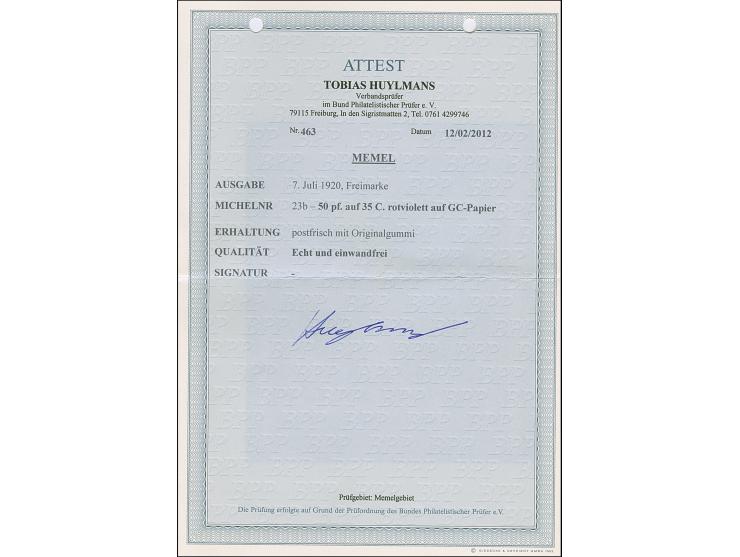 1920, Freimarke 50 pfennig auf 35 Centimes auf GC-Papier, postfrisch, tadellos, unsigniert mit Fotoattest Huylmans BPP (2012)