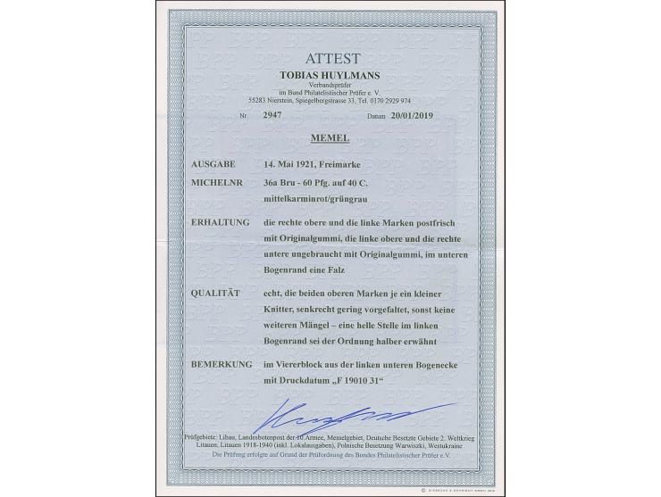 1921, 60 Pfennig &nbsp;auf 40 Centimes mittelkarminrot/grüngrau, Viererblock aus der linken unteren Bogenecke mit komplettem 