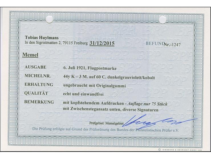 1921, Flugpost 2 mark auf 60 Centimes auf weißem Papier, kopftehender Aufdruck, mit Zwischenstegansatz unten, sauber ungebrau