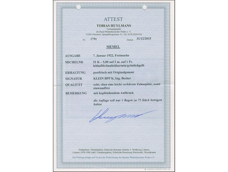 1922, 5,00 auf 2 mark auf 60 Centime, kopfstehender Aufdruck, 1921, postfrisch, oben eine Zahnspitze verkürzt, sonst tadellos