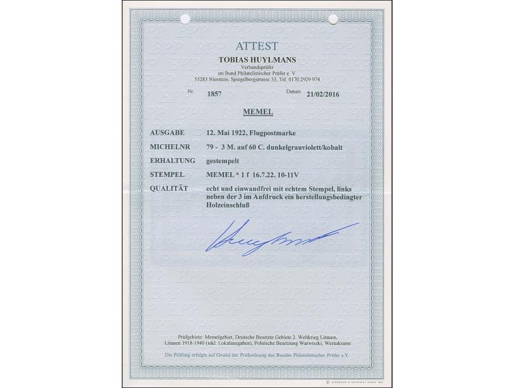1922, Flugpost 3 Mark auf 60 Centime, farbfrisch und gut gezähnt, sauber und zentrisch gestempelt “MEMEL * 1 f 16.7.22”, klei