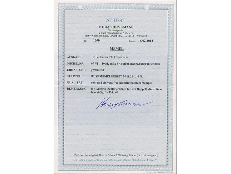 1922, Freimarke 50 Mark auf 2 Franc, mit Aufdruckfehler “oberer Teil des Doppelbalkens links beschädigt”, farbfrisch und gut 