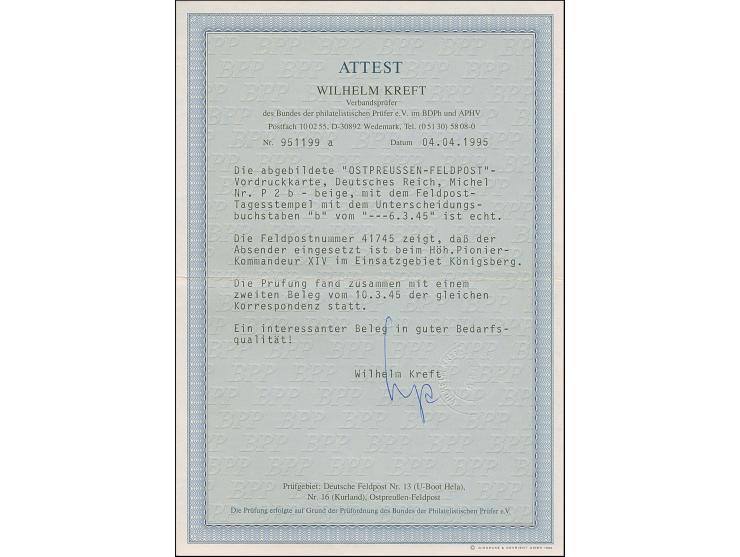 Ostpreussen-Feldpostkarte auf gelbbeigem Karton, gebraucht mit Normstempel “b 6.3.45” und Absendervermerk mit Feldpostnummer 