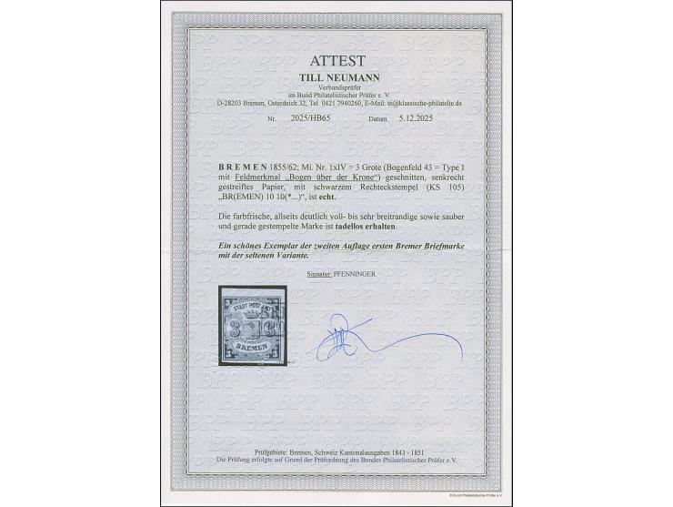 1855, 3 Grote auf blaugrau, Type I, senkrecht gestreiftes Papier, mit "Bogen über der Krone", sehr farbfrisch und voll- bis b