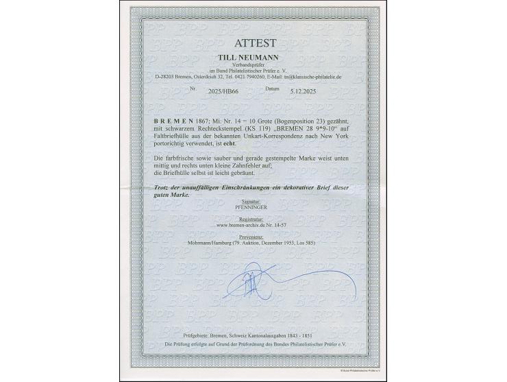 1866/67, 10 Grote schwarz, bis auf kleine Zahnfehler gut gezähnt und frisch, mit sauber aufgesetztem Ra2 "BREMEN 28 9" auf Br