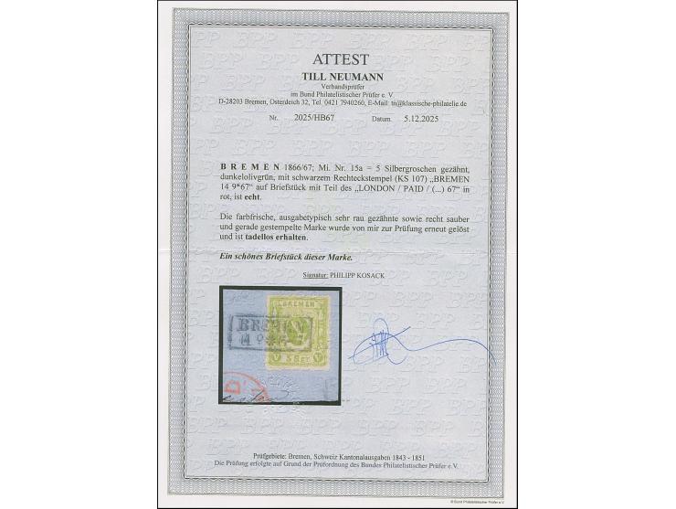 1866/67, 5 Sgr. schwarzgrüngelb, farbfrisch und ausgabetypisch gut gezähnt, mit klar und gerade aufgesetztem Ra2 "BREMEN 144 