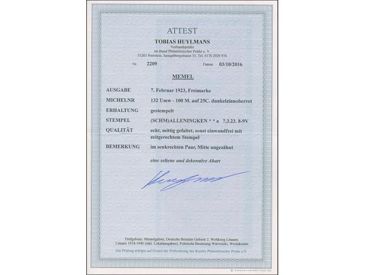 1923, Strichausgabe 100 Markiu auf 25 Centai, senkrechtes Paar, mittig ungezähnt, sauber gestempelt “(SCHM)ALLENINGKEN 3.23”,