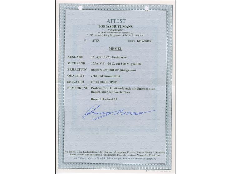 1923, Neue Währungsbezeichnung 30 Centu auf 500 Mark, Probeaufdruck mit Strichen statt Balken über den Wertziffern, Aufdruckt