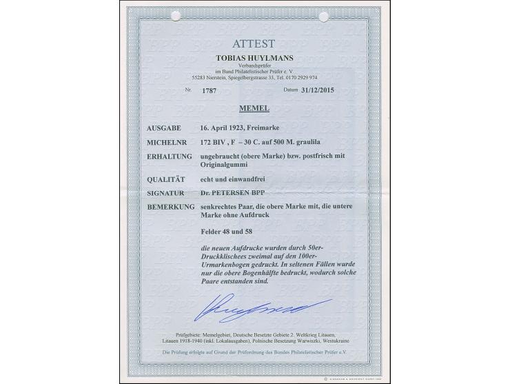 1923, Neue Währungsbezeichnung 30 Centu auf 500 Mark, senkrechtes Paar, Felder 48 und 58, die obere in Aufdrucktype AIV, die 