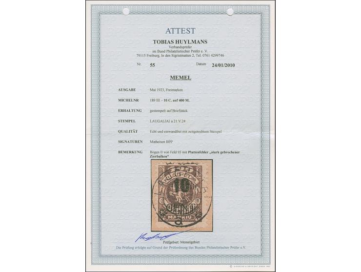 1923, Blockziffern 10 Cent auf 400 Markiu, mit Aufdruckfehler “linker Zierbalken zu ca. ¼ ausgebrochen”, farbfrisch und gut g