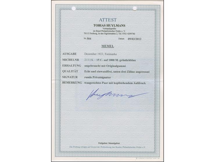 1923, 24-Werte 15 Centu auf 1000 Markiu, kopfstehender Aufdruck, waagerechte Paar, sauber ungebraucht, winzig angetrennt, son