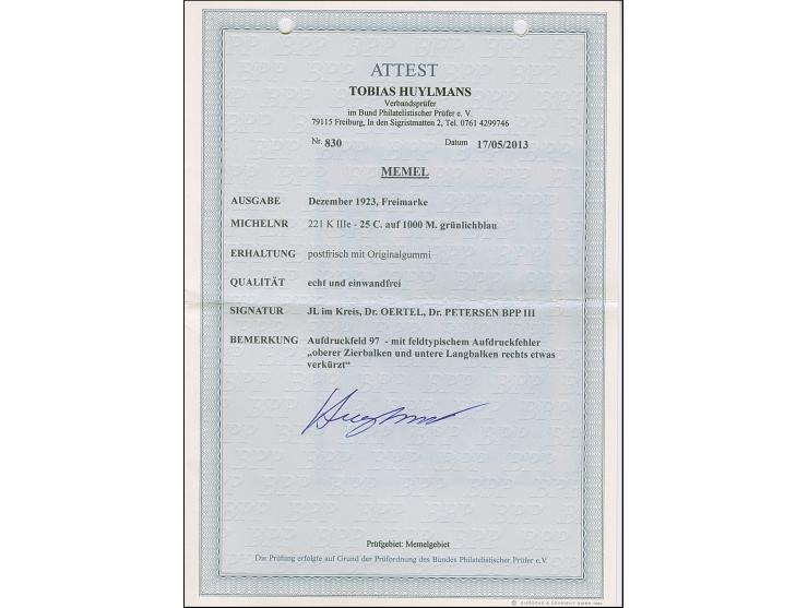 1923, 24-Werte 25 Centu auf 1000 Markiu, kopfstehender Aufdruck mit Aufdruckfehler “oberer Zierbalken und untere Langbalken u