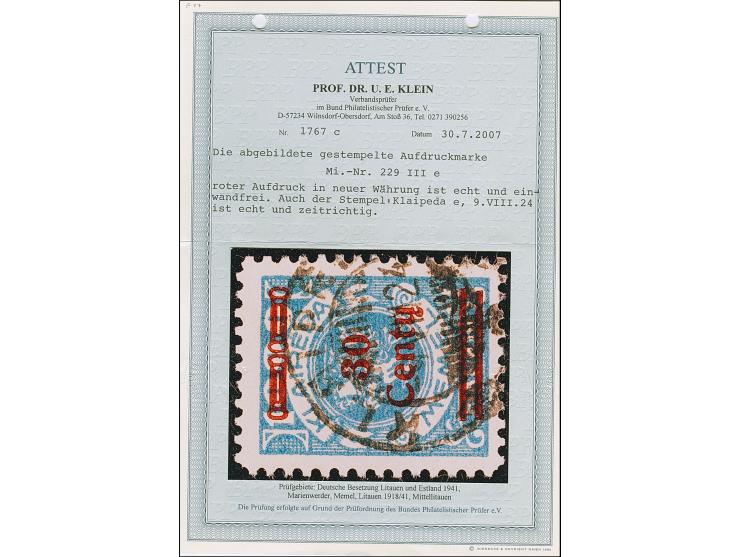 1923, 24-Werte 30 Centu auf 1000 Markiu, Aufdrucktype IIIe, farbfrisch und gut gezähnt, sauber gestempelt “KLAIPEDA 9.VIII.24