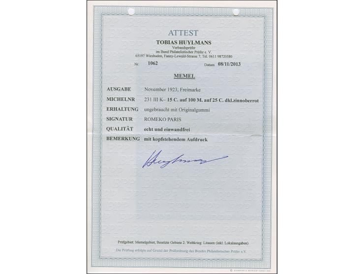 1923, 15 Centu auf 100 Markiu auf 25 Centu, kopstehender Aufdruck in Type III, sauber ungebraucht, tadellos, sign. Romeko sow