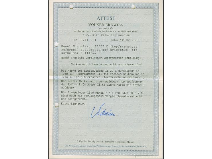 1939, Elchschaufel 30 Centu, kopfstehender Aufdruck in Type II, zusammen mit 35 Centu Normalaufdruck mit Stempel “MEMEL 23.3.