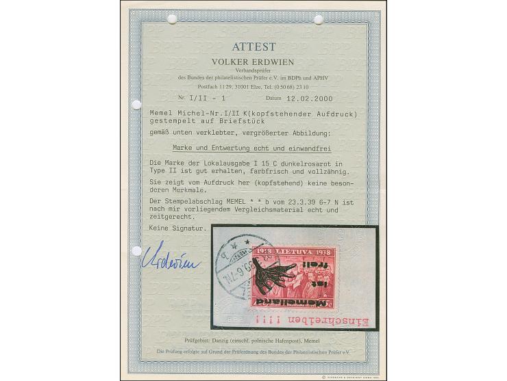 1939, Elchschaufel 15 Centu, kopfstehender Aufdruck in Type II, sauber mit Stempel “MEMEL 23.3.39” auf Briefstück, tadellos, 