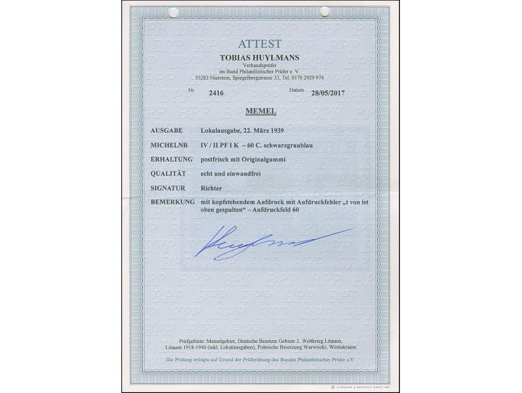 1939, Elchschaufel 30 Centu, kopfstehender Aufdruck in Type I mit Aufdruckfehler “t von ist oben gespalten”, Aufdruckfeld 60,