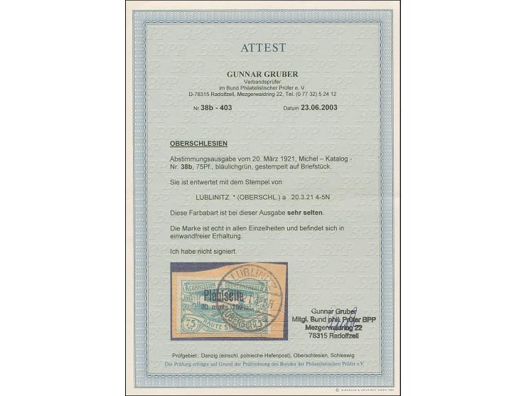 1921, Plebiscite 75 Pfennig bläulichgrün, farbfrisch und gut gezähnt, sauber mit klarem Stempel “LUBLINITZ 20.3.21” auf Brief