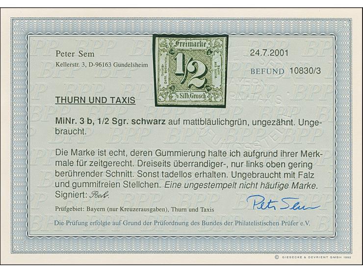 ½ Sgr. auf auf meergrün, schöne tiefe Farbe, links oben gering berührt, sonst voll- bis meist überrandig, ungebraucht mit Ori