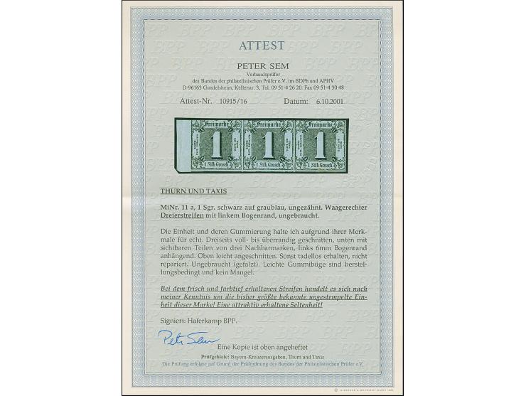 1853, 1 Sgr. a. graublau, waagerechter 3er-Streifen, oben etwas angeschnitten, sonst voll- bis überrandig, links mit ca. 6 mm