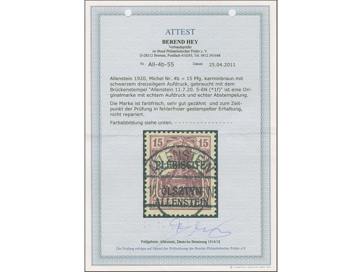 1920, Aufdruckausgabe Germania 15 Pfennig karminbraun, sauber gestempelt, tadellos, Fotoattest Hey BPP (2011)