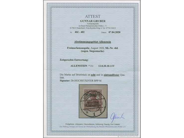 1920, Aufdruckausgabe Germania 15 Pfennig karminbraun, sogen. “Siegesmarke”, farbfrisch und gut gezähnt, sauber mit Stempel “