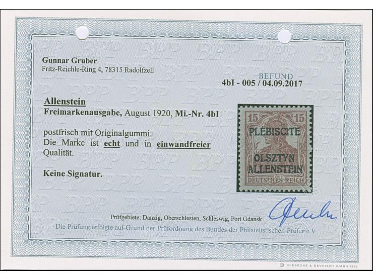 1920, Aufdruckausgabe Germania 15 Pfennig karminbraun, sogen. “Siegesmarke”, farbfrisch und gut gezähnt, postfrisch, tadellos