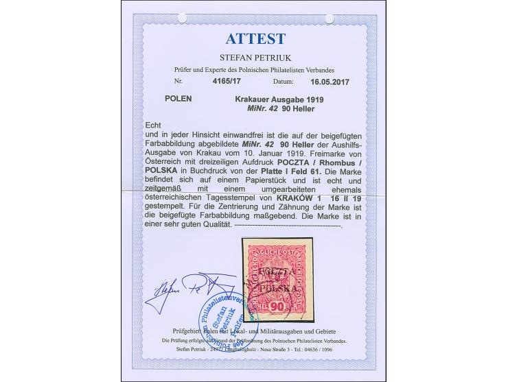 1919, Krakow Issue 90 h. red-carmine, plate I, position 61, tied by cds. “KRAKOW 16 II 19” to small piece, fine, certificate 