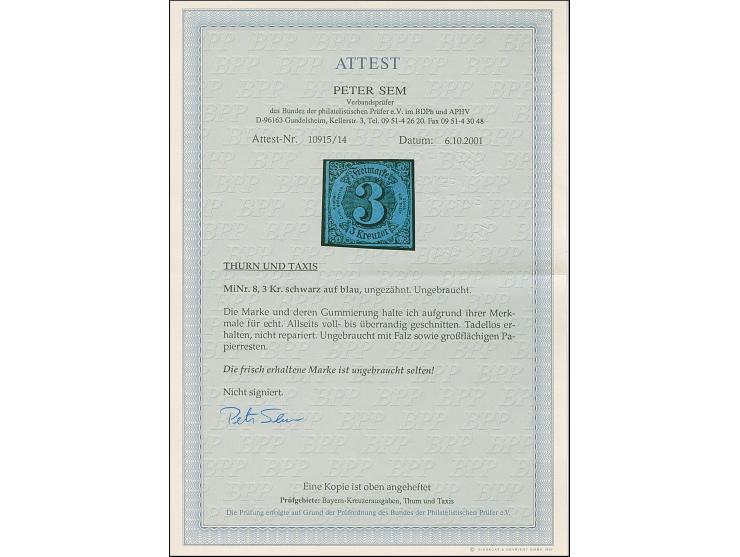 1853, 3 Kr. a. dunkelblau, farbfrisch und noch voll- bis überrandig, ungebraucht mit Originalgummi und größeren Papier Anhaft