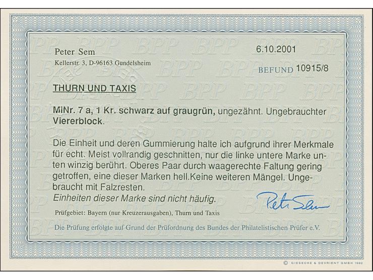 1 Kr. auf olivgrau im 4er-Block, unten links winzig berührt, sonst voll- bis breitrandig und farbfrisch, ungebraucht mit Orig