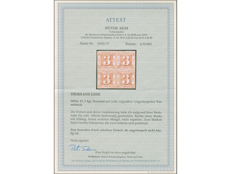 3 Sgr. braunrot im Viererblock, farbfrisch und allseits breitrandig, ungebraucht mit frischem Originalgummi, 2 Werte postfris