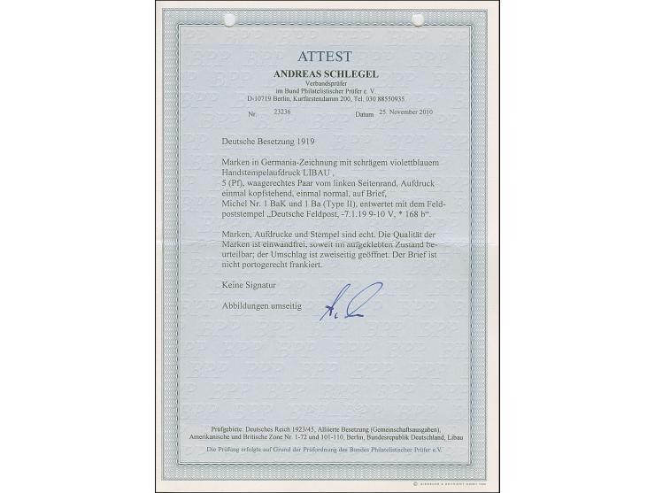 1919, Aufdrucktype II, violettblauer Aufdruck: Germania 5 Pfennig schwärzlichblöulichgrün, waagerechtes Seitenrandpaar, die l