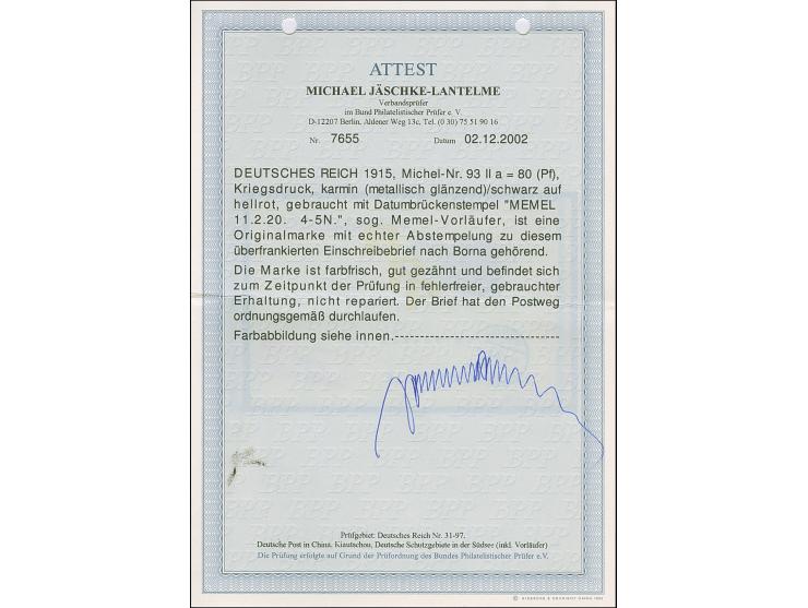 1920, Germania 80 Pfennig karmin/schwarz auf hellrot, farbfrisch und gut gezähnt, sauber mit Stempel “MEMEL 11.2.20” auf über