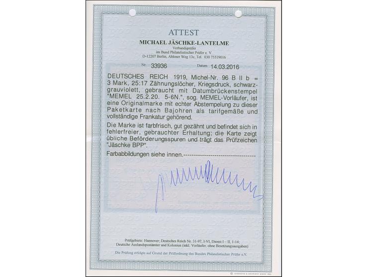 1920, Germania 3 Mark schwarzgrauviolett, farbfrisch und gut gezähnt sauber mit Stempel “MEMEL 25.20” auf portogerechter Pake